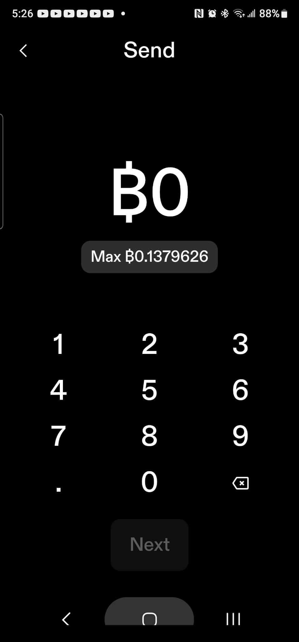 同样的，我们到达发送页面，点击Max ,或者输入比特币余额， 然后点击Next,进行发送.jpg